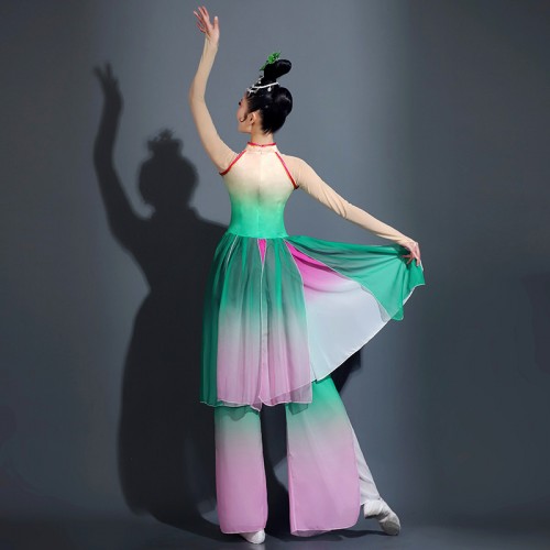 Women Green With pink  Chinese folk dance costumes ancient traditional classical dance dresses umbrella fan yangge dance dress for Girls